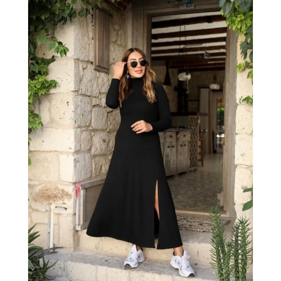 Kadın Uzun Kollu Balıkçı Yaka Derin Yırtmaç Detay Modal Elbise , 32165