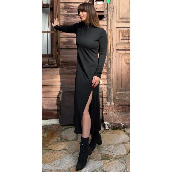 Kadın Uzun Kollu Balıkçı Yaka Derin Yırtmaç Detay Modal Elbise , 32165