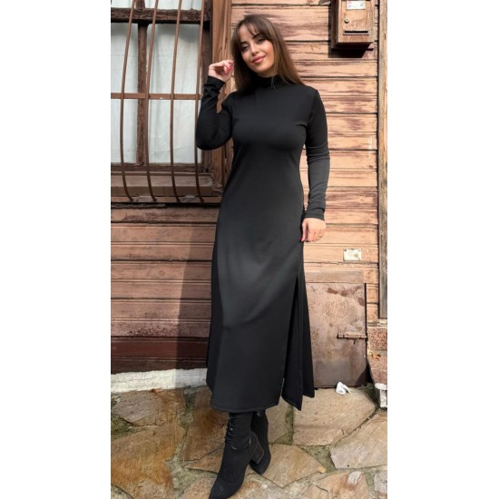 Kadın Uzun Kollu Balıkçı Yaka Derin Yırtmaç Detay Modal Elbise , 32165