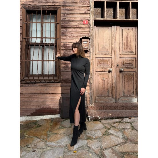 Kadın Uzun Kollu Balıkçı Yaka Derin Yırtmaç Detay Modal Elbise , 32165