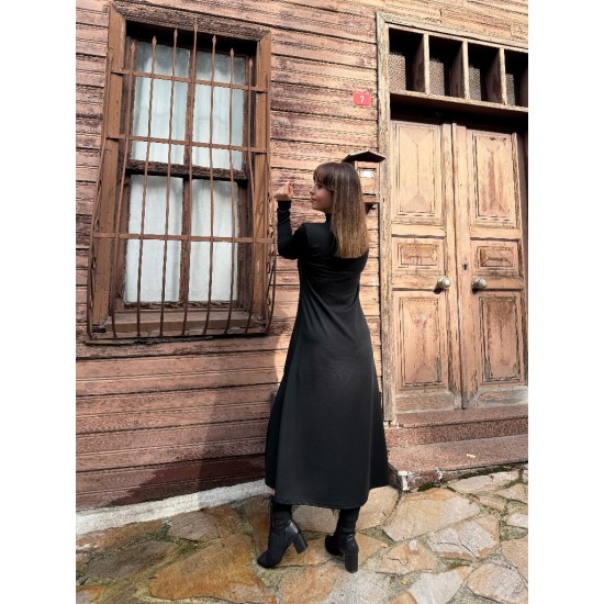 Kadın Uzun Kollu Balıkçı Yaka Derin Yırtmaç Detay Modal Elbise , 32165