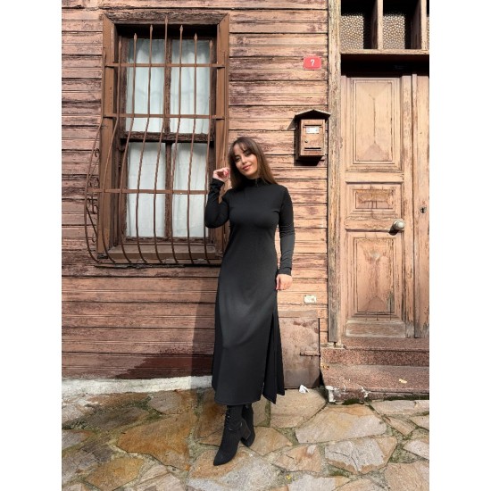 Kadın Uzun Kollu Balıkçı Yaka Derin Yırtmaç Detay Modal Elbise , 32165