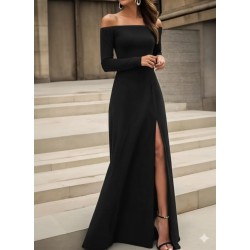 Kadın Uzun Kollu Madonna Yakalı Yırtmaç Detaylı Uzun Ithal Krep Elbise , 32164