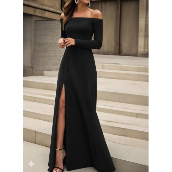 Kadın Uzun Kollu Madonna Yakalı Yırtmaç Detaylı Uzun Ithal Krep Elbise , 32164