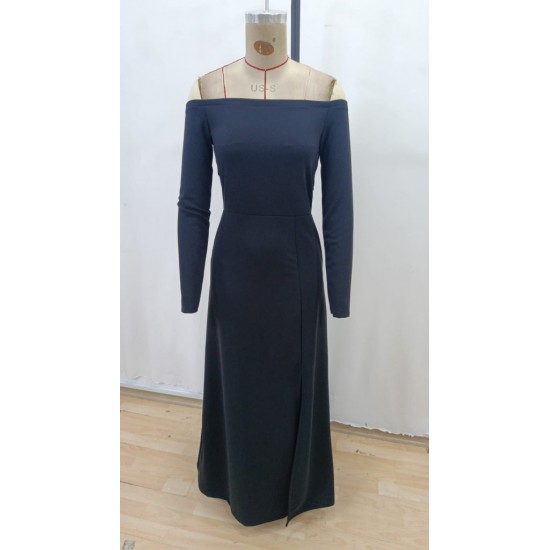 Kadın Uzun Kollu Madonna Yakalı Yırtmaç Detaylı Uzun Ithal Krep Elbise , 32164