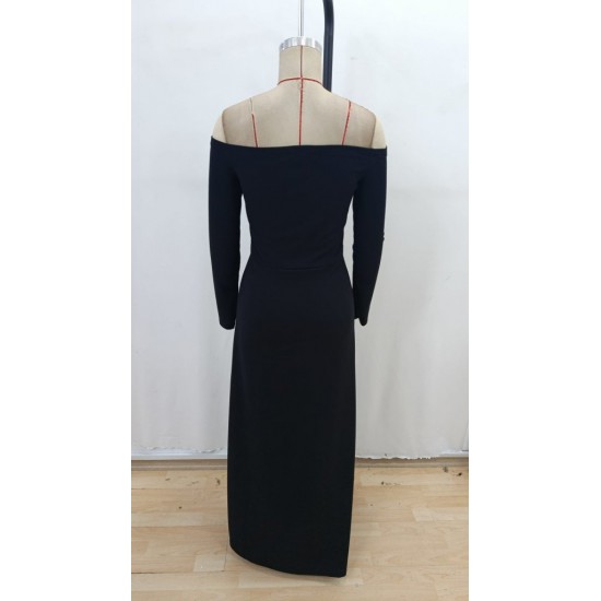 Kadın Uzun Kollu Madonna Yakalı Yırtmaç Detaylı Uzun Ithal Krep Elbise , 32164