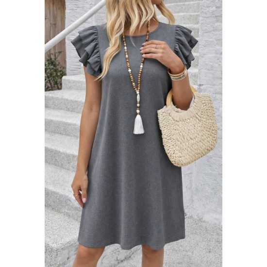 Kadın Kısa Kollu Bisiklet Yaka Fırfırlı Kısa Bürümcük Elbise , 32169