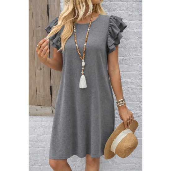 Kadın Kısa Kollu Bisiklet Yaka Fırfırlı Kısa Bürümcük Elbise , 32169