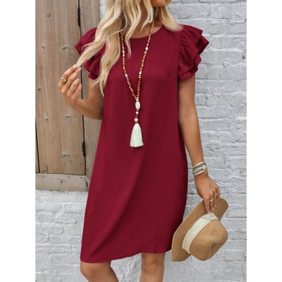 Kadın Kısa Kollu Bisiklet Yaka Fırfırlı Kısa Bürümcük Elbise , 32168