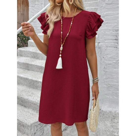Kadın Kısa Kollu Bisiklet Yaka Fırfırlı Kısa Bürümcük Elbise , 32168