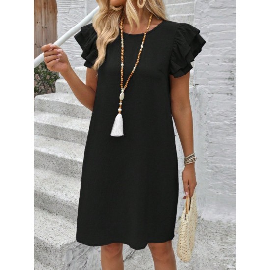 Kadın Kısa Kollu Bisiklet Yaka Fırfırlı Kısa Bürümcük Elbise , 32166