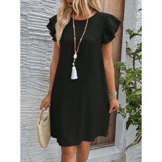 Kadın Kısa Kollu Bisiklet Yaka Fırfırlı Kısa Bürümcük Elbise , 32166