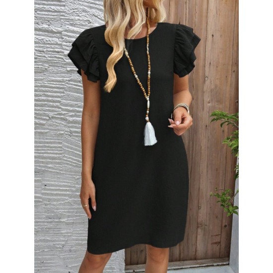 Kadın Kısa Kollu Bisiklet Yaka Fırfırlı Kısa Bürümcük Elbise , 32166