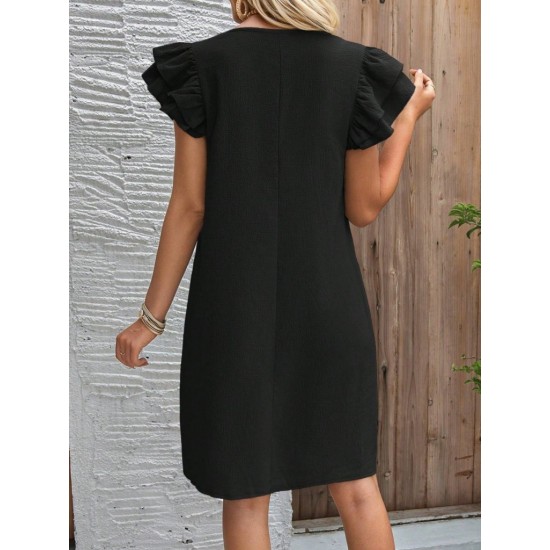 Kadın Kısa Kollu Bisiklet Yaka Fırfırlı Kısa Bürümcük Elbise , 32166