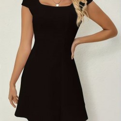 Kadın Kısa Kollu Kare Yakalı Kısa Ithal Krep Elbise, 32179