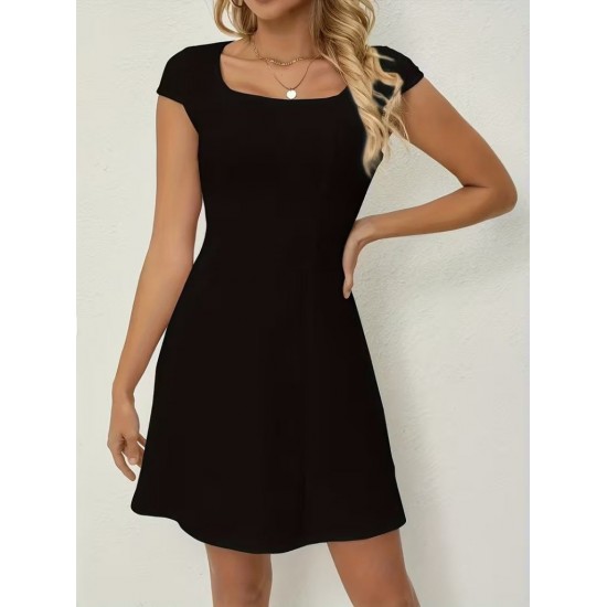 Kadın Kısa Kollu Kare Yakalı Kısa Ithal Krep Elbise, 32179