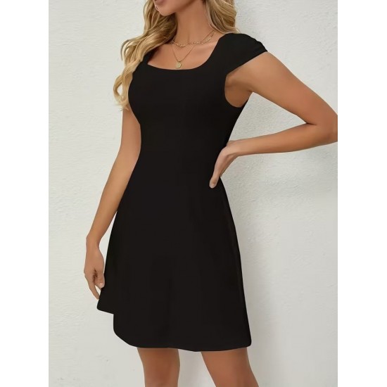 Kadın Kısa Kollu Kare Yakalı Kısa Ithal Krep Elbise, 32179