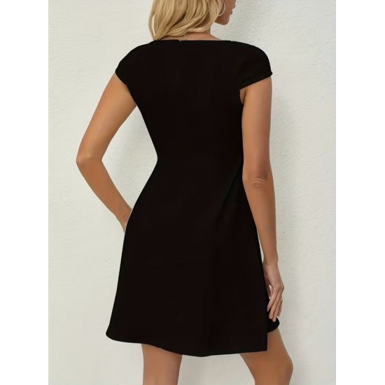 Kadın Kısa Kollu Kare Yakalı Kısa Ithal Krep Elbise, 32179