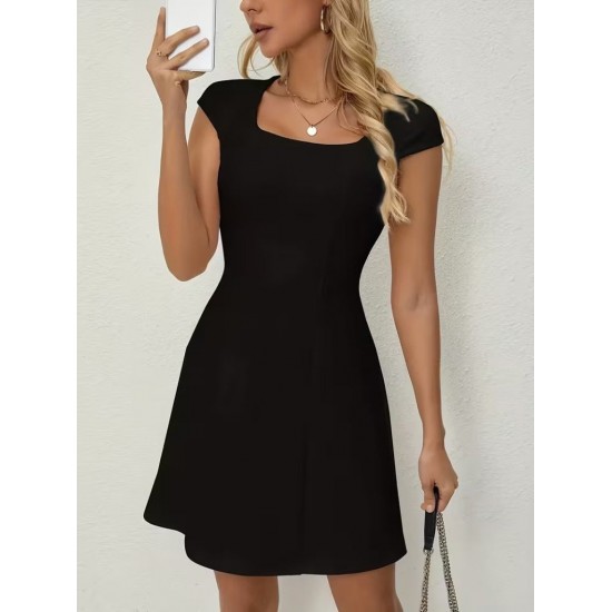 Kadın Kısa Kollu Kare Yakalı Kısa Ithal Krep Elbise, 32179