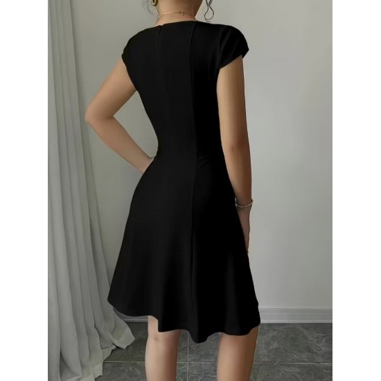 Kadın Kısa Kollu Kare Yakalı Kısa Ithal Krep Elbise, 32179