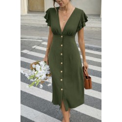 Kadın Kısa Kollu V Yakalı önden Düğmeli Bürümcük Midi Elbise, 32174 Kadın Kısa Kollu V Yakalı önden Düğmeli Bürümcük Midi Elbise, 32174