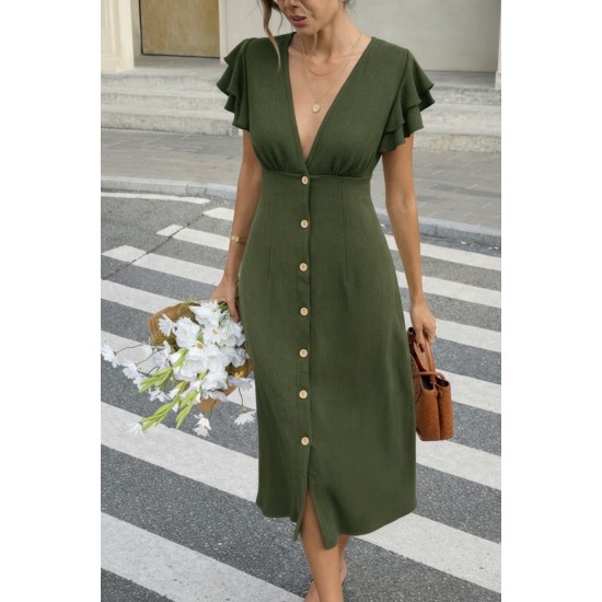 Kadın Kısa Kollu V Yakalı önden Düğmeli Bürümcük Midi Elbise, 32174 Kadın Kısa Kollu V Yakalı önden Düğmeli Bürümcük Midi Elbise, 32174