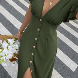 Kadın Kısa Kollu V Yakalı önden Düğmeli Bürümcük Midi Elbise, 32174