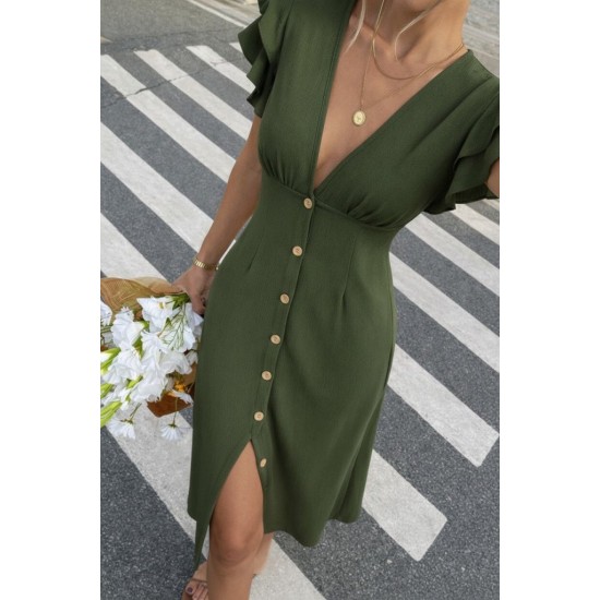 Kadın Kısa Kollu V Yakalı önden Düğmeli Bürümcük Midi Elbise, 32174 Kadın Kısa Kollu V Yakalı önden Düğmeli Bürümcük Midi Elbise, 32174