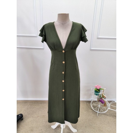 Kadın Kısa Kollu V Yakalı önden Düğmeli Bürümcük Midi Elbise, 32174 Kadın Kısa Kollu V Yakalı önden Düğmeli Bürümcük Midi Elbise, 32174