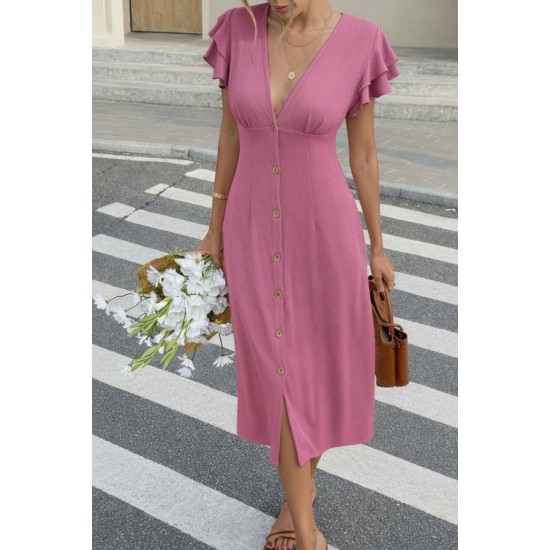 Kadın Kısa Kollu V Yakalı önden Düğmeli Bürümcük Midi Elbise, 32173
