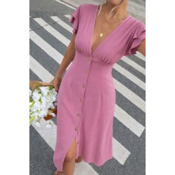 Kadın Kısa Kollu V Yakalı önden Düğmeli Bürümcük Midi Elbise, 32173 Kadın Kısa Kollu V Yakalı önden Düğmeli Bürümcük Midi Elbise, 32173