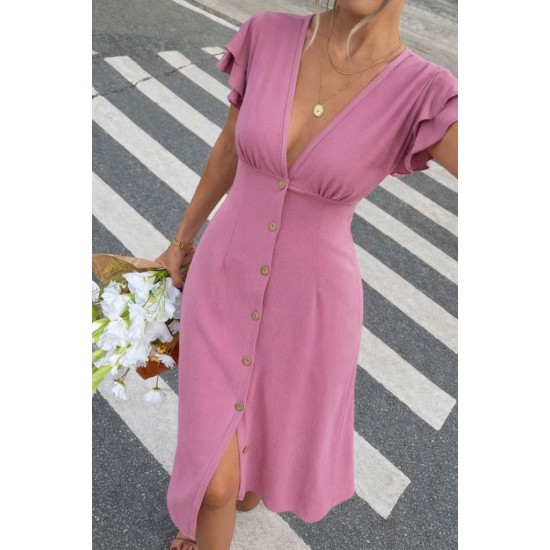 Kadın Kısa Kollu V Yakalı önden Düğmeli Bürümcük Midi Elbise, 32173