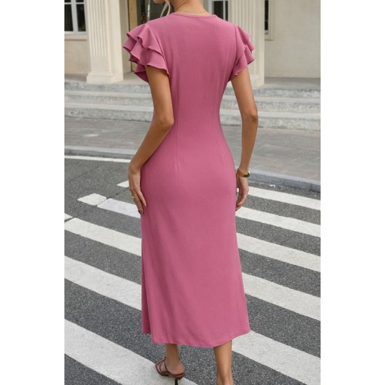 Kadın Kısa Kollu V Yakalı önden Düğmeli Bürümcük Midi Elbise, 32173