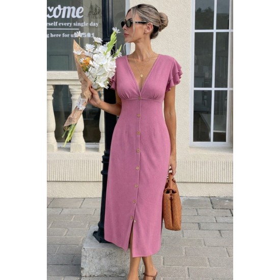 Kadın Kısa Kollu V Yakalı önden Düğmeli Bürümcük Midi Elbise, 32173