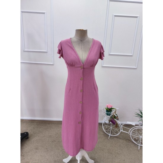 Kadın Kısa Kollu V Yakalı önden Düğmeli Bürümcük Midi Elbise, 32173