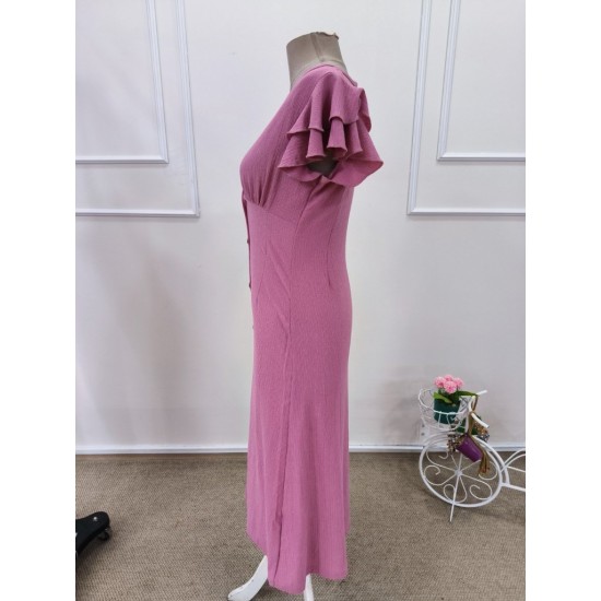 Kadın Kısa Kollu V Yakalı önden Düğmeli Bürümcük Midi Elbise, 32173