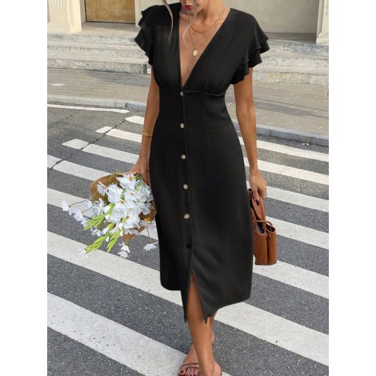 Kadın Kısa Kollu V Yakalı önden Düğmeli Bürümcük Midi Elbise, 32171