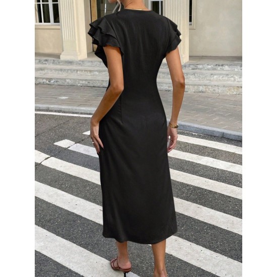 Kadın Kısa Kollu V Yakalı önden Düğmeli Bürümcük Midi Elbise, 32171