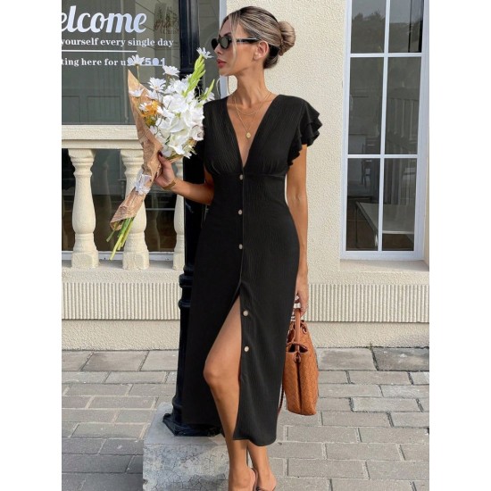 Kadın Kısa Kollu V Yakalı önden Düğmeli Bürümcük Midi Elbise, 32171