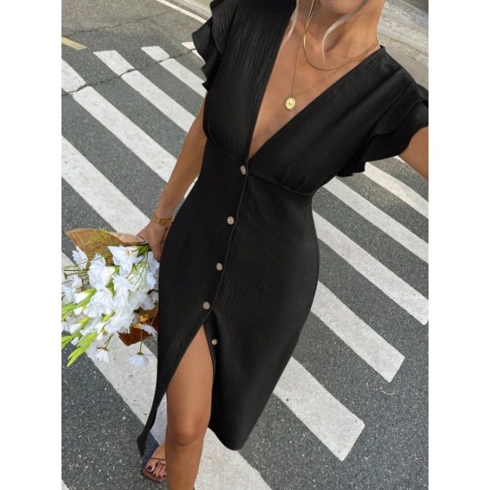 Kadın Kısa Kollu V Yakalı önden Düğmeli Bürümcük Midi Elbise, 32171