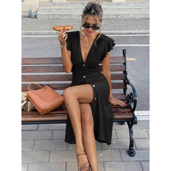 Kadın Kısa Kollu V Yakalı önden Düğmeli Bürümcük Midi Elbise, 32171