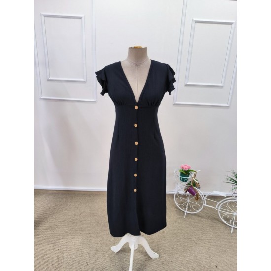 Kadın Kısa Kollu V Yakalı önden Düğmeli Bürümcük Midi Elbise, 32171