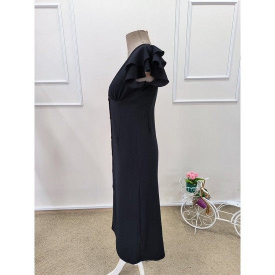 Kadın Kısa Kollu V Yakalı önden Düğmeli Bürümcük Midi Elbise, 32171