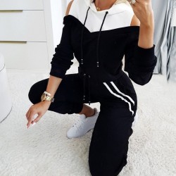 Kadın Uzun Kollu Omuzlardan Açık Kapşonlu Bağcıklı çift Renkli Viskon Iki Iplik Bluz Ve Pantolon Ikili Takım , 32170