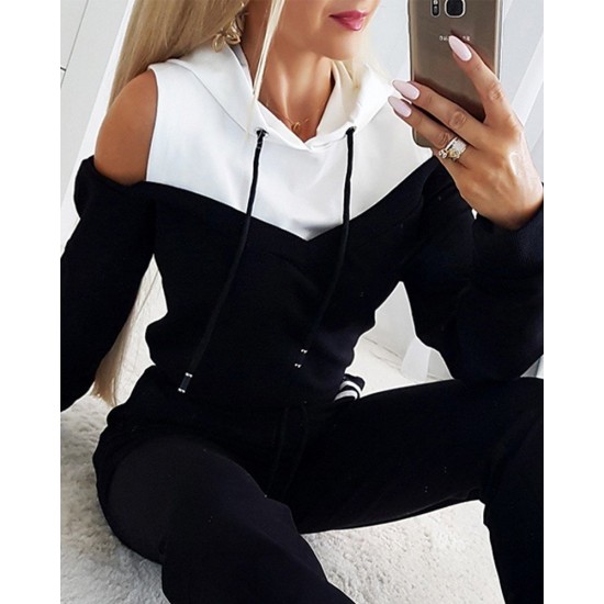 Kadın Uzun Kollu Omuzlardan Açık Kapşonlu Bağcıklı çift Renkli Viskon Iki Iplik Bluz Ve Pantolon Ikili Takım , 32170