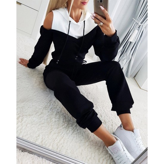 Kadın Uzun Kollu Omuzlardan Açık Kapşonlu Bağcıklı çift Renkli Viskon Iki Iplik Bluz Ve Pantolon Ikili Takım , 32170