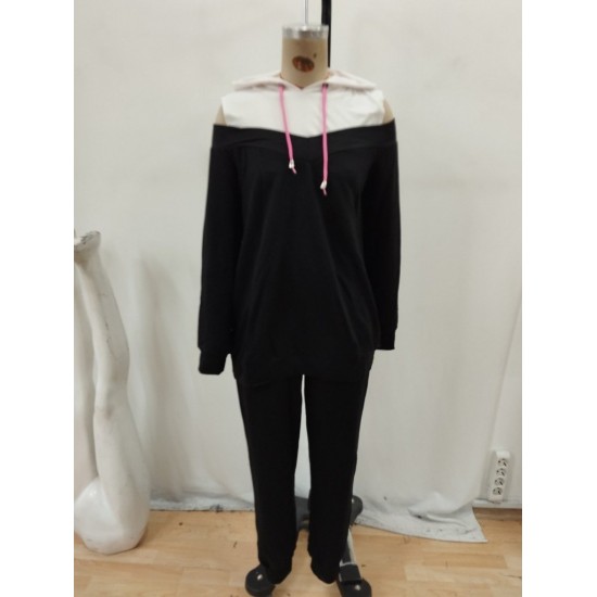 Kadın Uzun Kollu Omuzlardan Açık Kapşonlu Bağcıklı çift Renkli Viskon Iki Iplik Bluz Ve Pantolon Ikili Takım , 32170