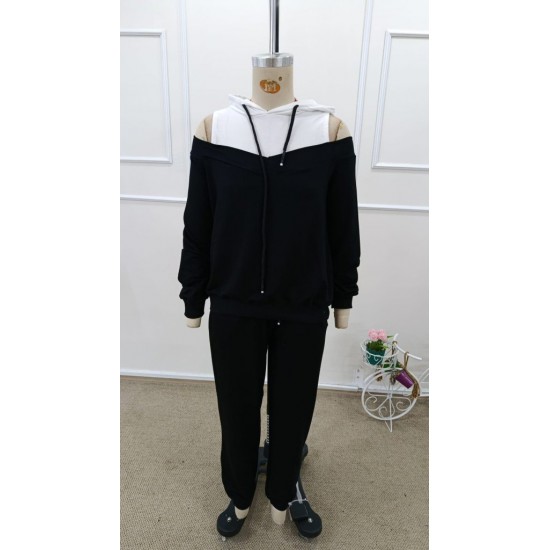 Kadın Uzun Kollu Omuzlardan Açık Kapşonlu Bağcıklı çift Renkli Viskon Iki Iplik Bluz Ve Pantolon Ikili Takım , 32170