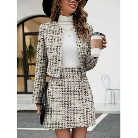 Kadın Uzun Kollu önü Açık Dokuma Ceket Ve Mini Etek Ikili Takım , 28761