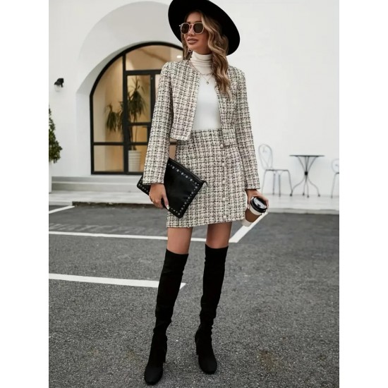 Kadın Uzun Kollu önü Açık Dokuma Ceket Ve Mini Etek Ikili Takım , 28761